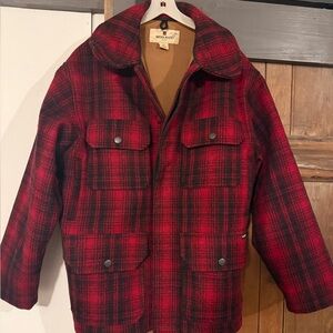 Woolrich Red and Black Plaid Pea Coat